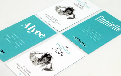 Custom 14pt uncoated business cards with blue and white appointment reminder cards for Beehive Hair Lounge