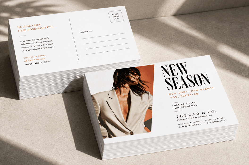 Stack of custom printed 24pt recycled uncoated postcards featuring a modern aesthetic design