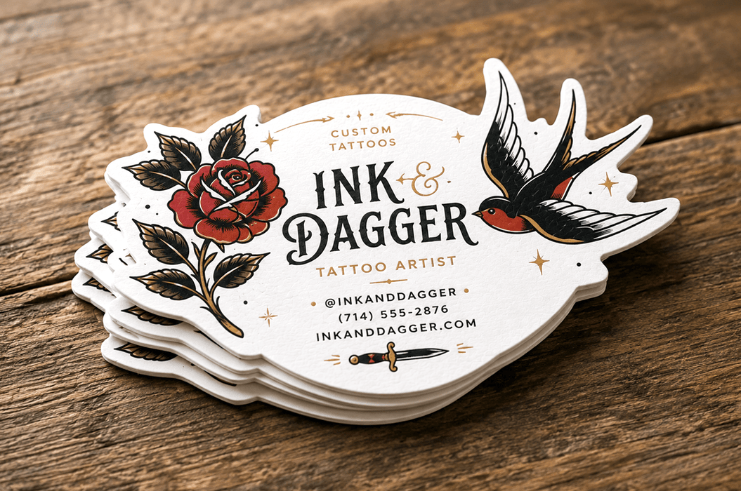 Custom die cut business cards with gold foil elements printed on 24pt thick recycled uncoated stock