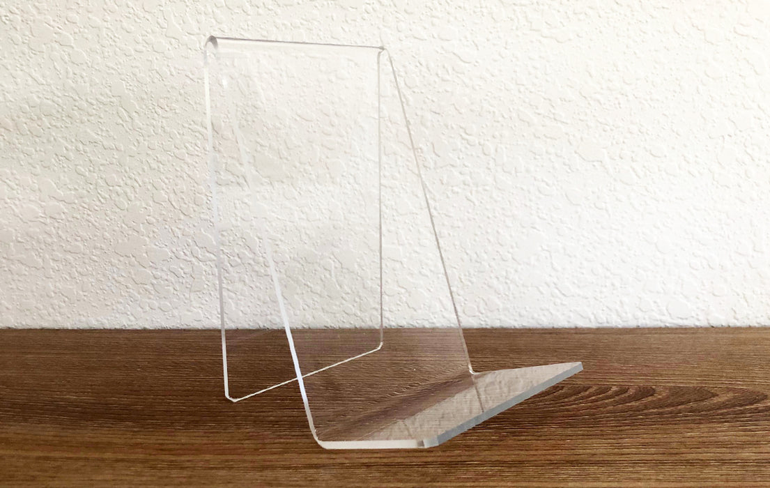 side view of 4" wide clear acrylic book and card stand | Clubcard Printing