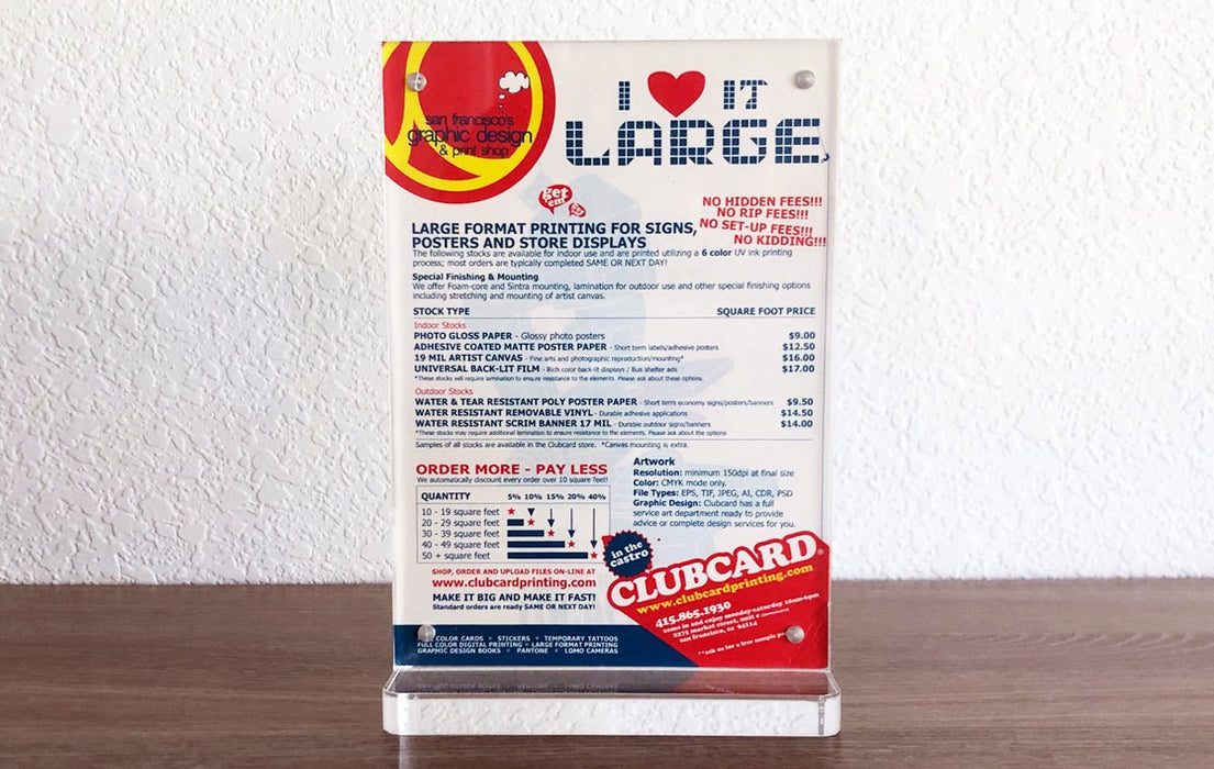 All Acrylic 5x7 Quick Change Sign And Menu Holder - Clubcard Printing USA