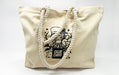 Natural canvas beach tote bag with thick rope handles custom printed with a black Clubcard mascot graphic