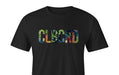 Black short sleeve t-shirt custom printed with colorful textured CLBCRD block lettering