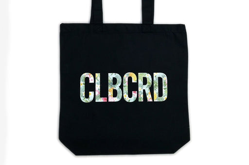 Black cotton tote bag custom printed with textured full-color CLBCRD block lettering