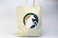 Natural cotton tote bag custom printed with a full-color rainbow and unicorn silhouette graphic