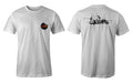 Light grey t-shirt custom printed with a small front chest emblem and back urban graphic print