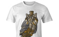 White short sleeve t-shirt custom printed with a full-color steampunk mechanical owl graphic
