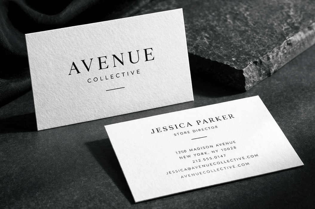 Letterpress business cards custom printed on 20pt white cotton stock with debossed typography for Avenue Collective