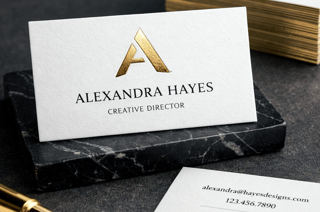 38pt white cotton letterpress business card featuring gold foil stamping for Alexandra Hayes