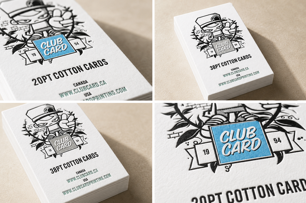 Four-panel collage showing the same printed card deck box from multiple angles on a light beige surface. The box is white with black illustrated graphics and blue foil badge reading CLUB CARD; text also includes 20PT COTTON CARDS and website text.
