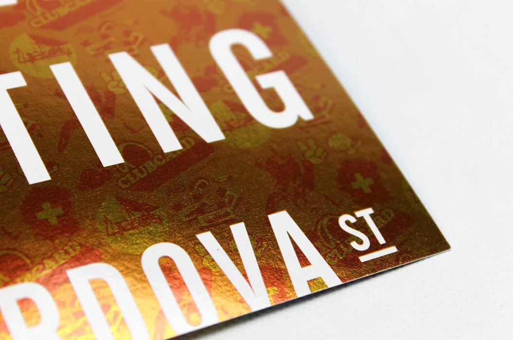 Close up of the orange and yellow foil effects background on 16pt Foil Effects stock | Clubcard Printing USA