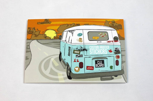 Full color postcard sample printed on Silk Laminated 19pt Stock | drawing of a van similar to a Volkswagen van with stickers on the back driving into a sunset | Clubcard Printing USA