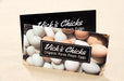 Bamboo business cards of Vick's Chicks displaying a stack of Organic Farm Fresh Eggs | Clubcard Printing USA