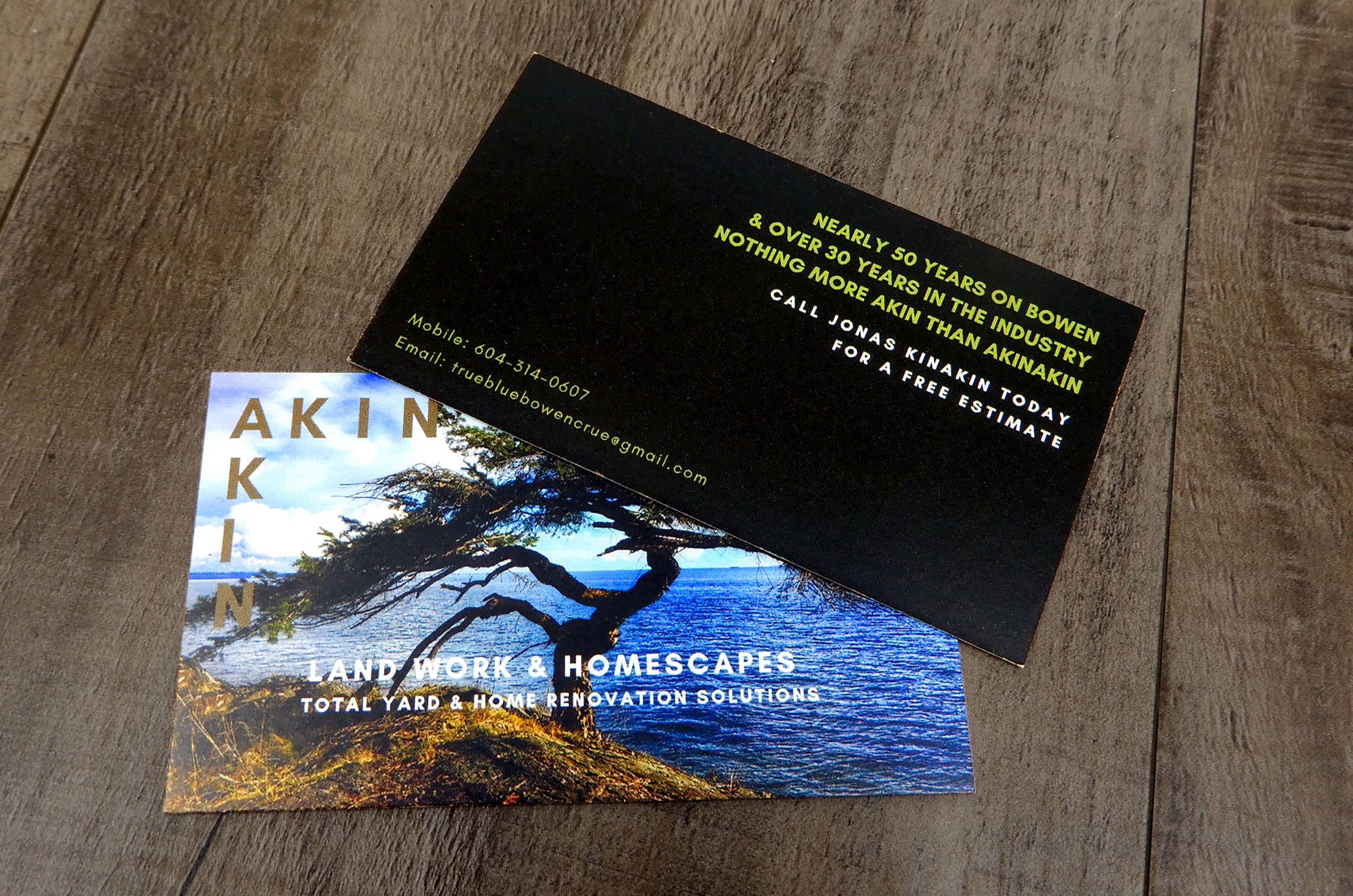 14pt Coated Business Cards for Akin Land work and Homescapes | Front has a photo of a tree on a cliff by water | Back has contact information | Clubcard Printing USA