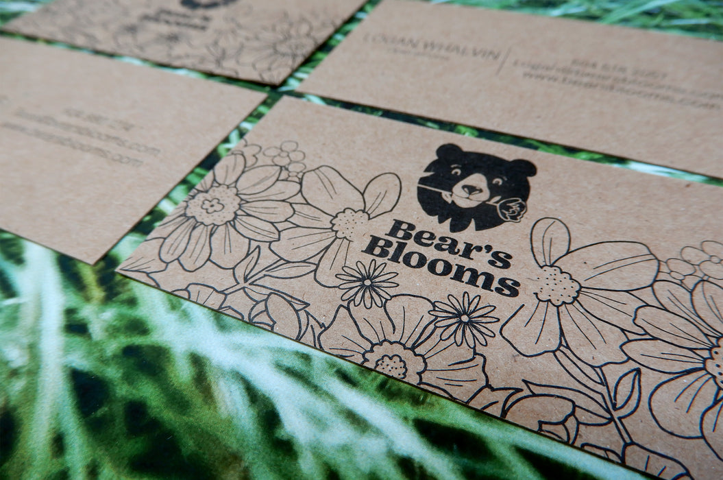 Close up of business cards for Bear's Blooms on 24pt chipboard Kraft stock | Clubcard Printing USA