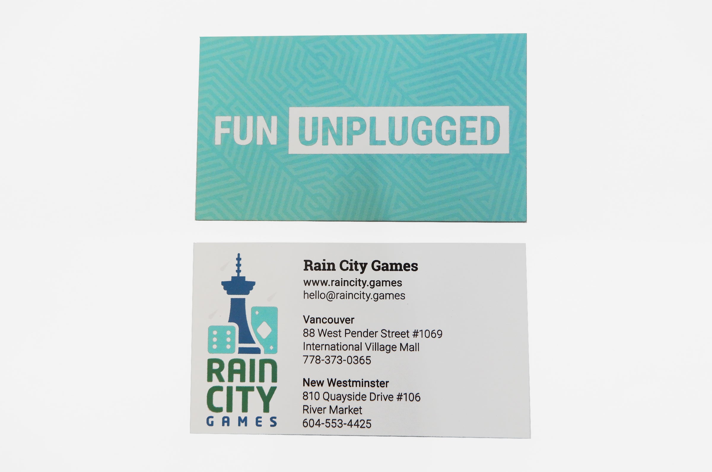 Business cards for Rain City Games on 15pt uncoated stock | one side has 