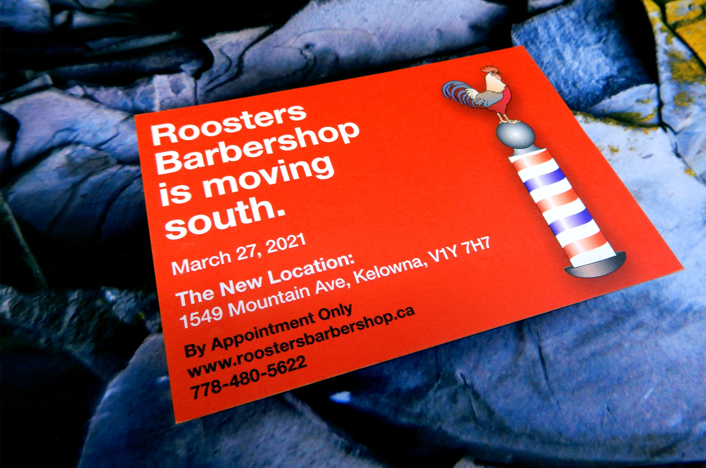 Roosters Barbershop Postcard printed on 18pt Hemp card stock at Clubcard Printing