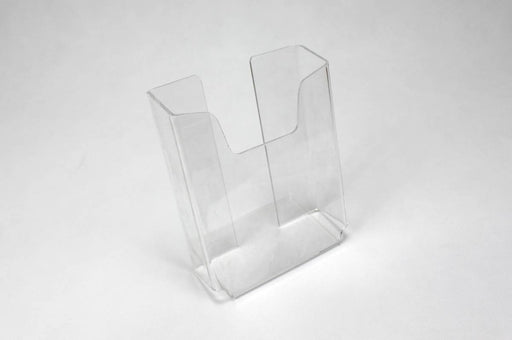 Clear acrylic brochure stand on a white background.