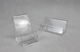 Clear acrylic business card stand in vertical and horizontal orientations on a grey background.