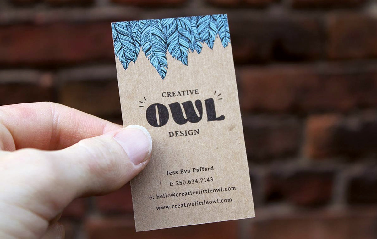 Custom business cards for Creative Owl Design on 24pt chipboard Kraft stock | Clubcard Printing USA