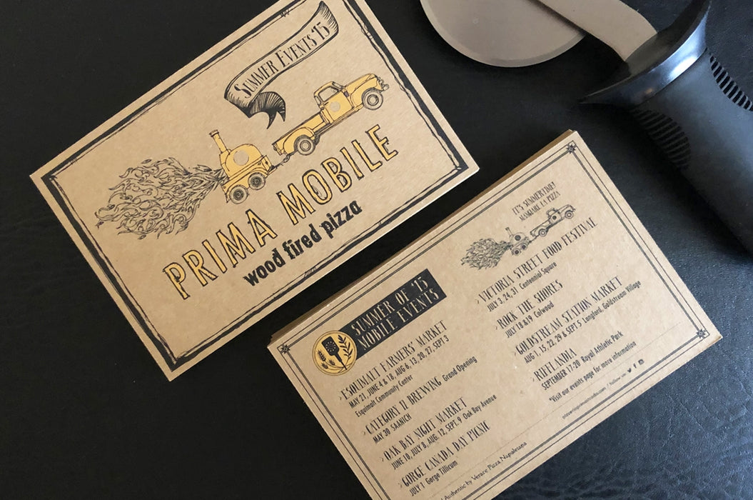 Prima mobile wood fired pizza postcards printed on 24pt kraft Chipboard card stock | Clubcard Printing
