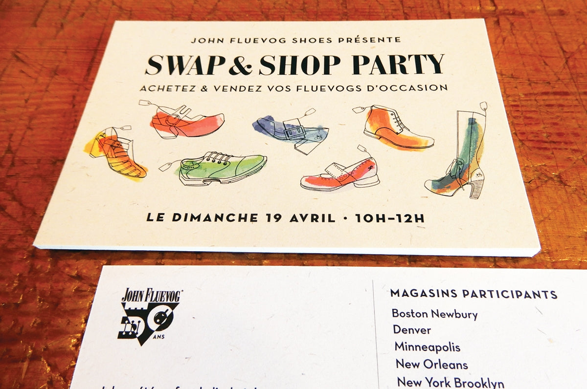 john fluevog swap and shop party postcard printed on 18pt hemp card stock | Clubcard Printing