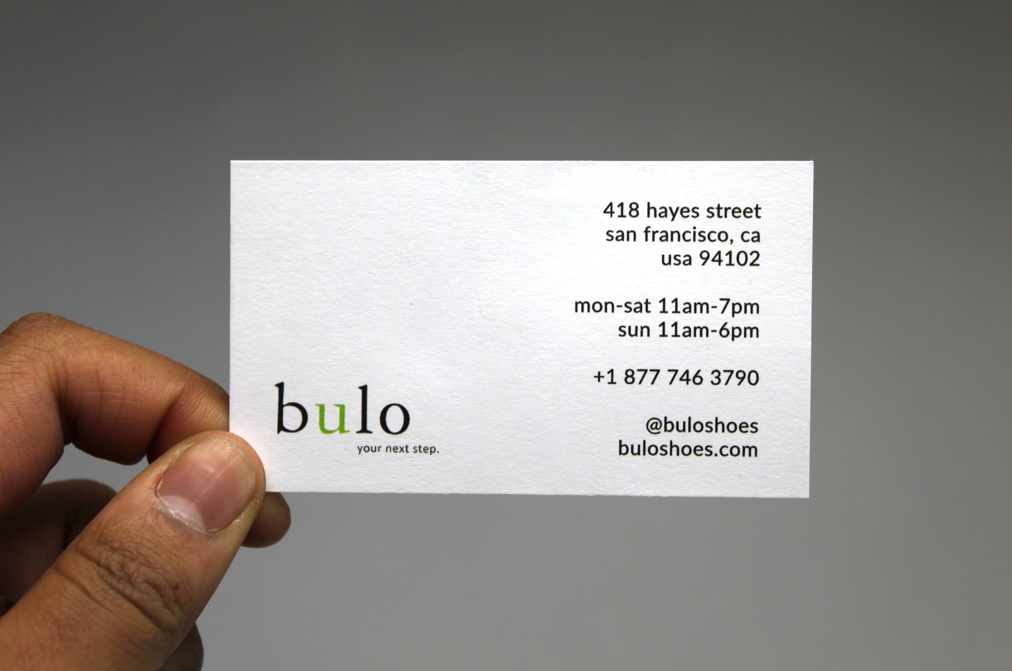 Business cards for Bulo Shoes on 22pt uncoated card stock | Clubcard Printing USA