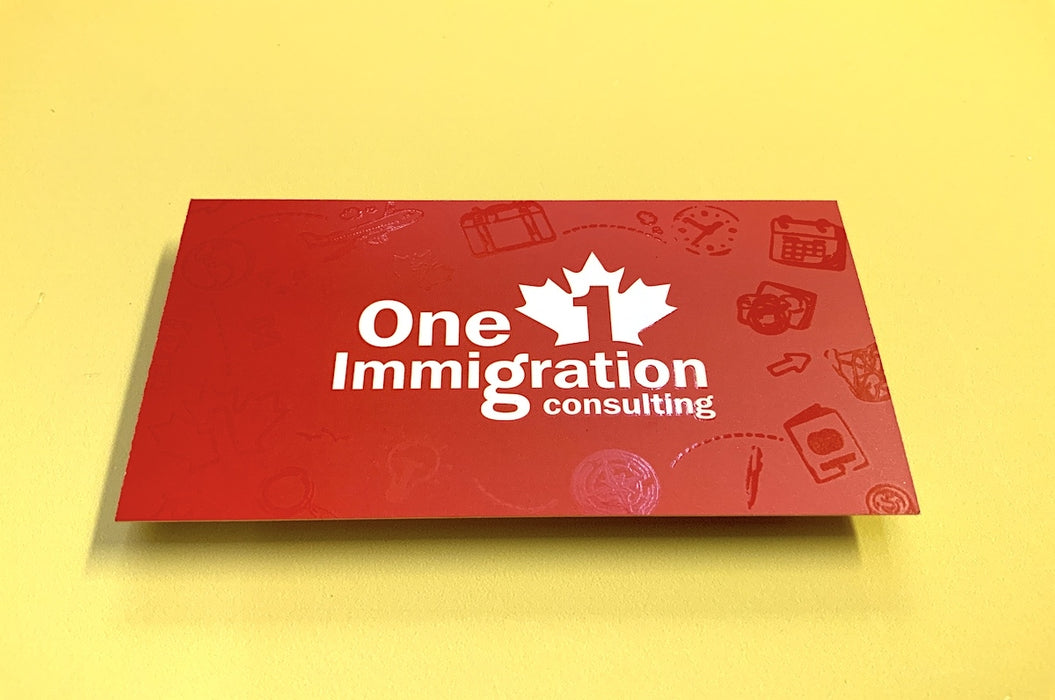 Silk laminated postcard with spot gloss for One Immigration Consulting