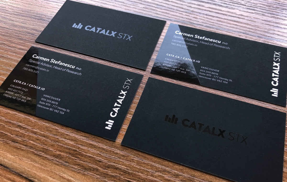 Custom business cards for Catalx STX on suede laminated 19pt stock | The Catalx STX logo on one side has spot gloss | the information side has spot gloss on an angle from the top right corner towards the bottom middle of the card | Clubcard Printing USA