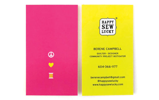 Custom business cards for Happy Sew Lucky on suede laminated 19pt stock | bright pink on one side and bright yellow on the other | Clubcard Printing USA