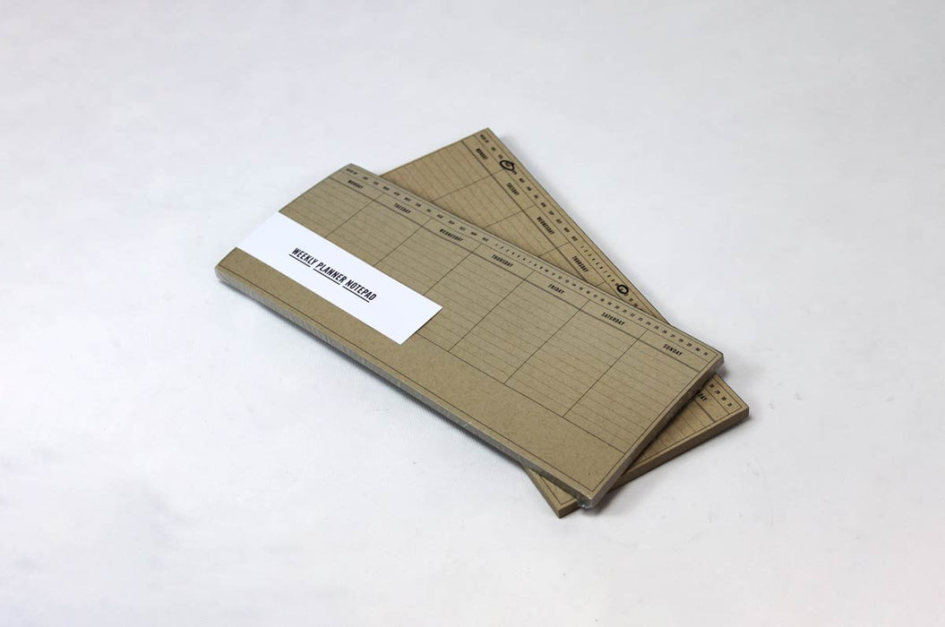 Stack of two natural kraft weekly planner notepads packaged with a clear plastic film and a white paper band.